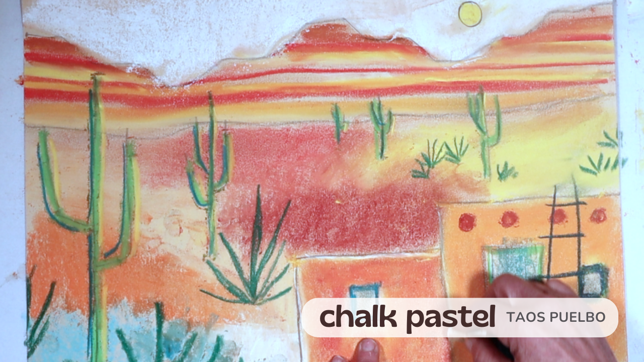 Chalk pastel desert landscape with cacti and adobe-style buildings under a bright sun.