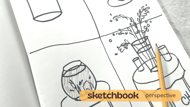 Sketchbook page with detailed floral vase and jar drawings.