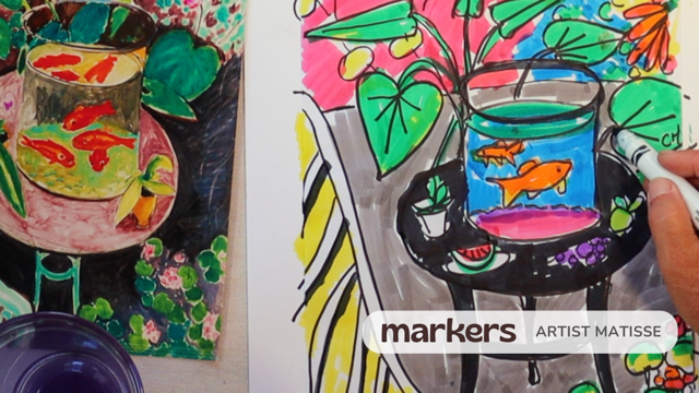 A colorful painting with vibrant plants and goldfish in bowls.