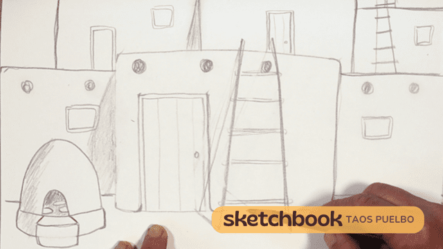 A simple sketch of a building with a ladder and door.