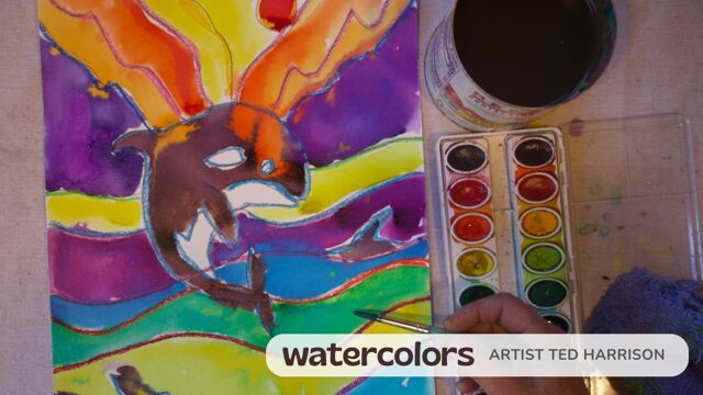 Vibrant watercolor painting with a palette and a colorful abstract design.