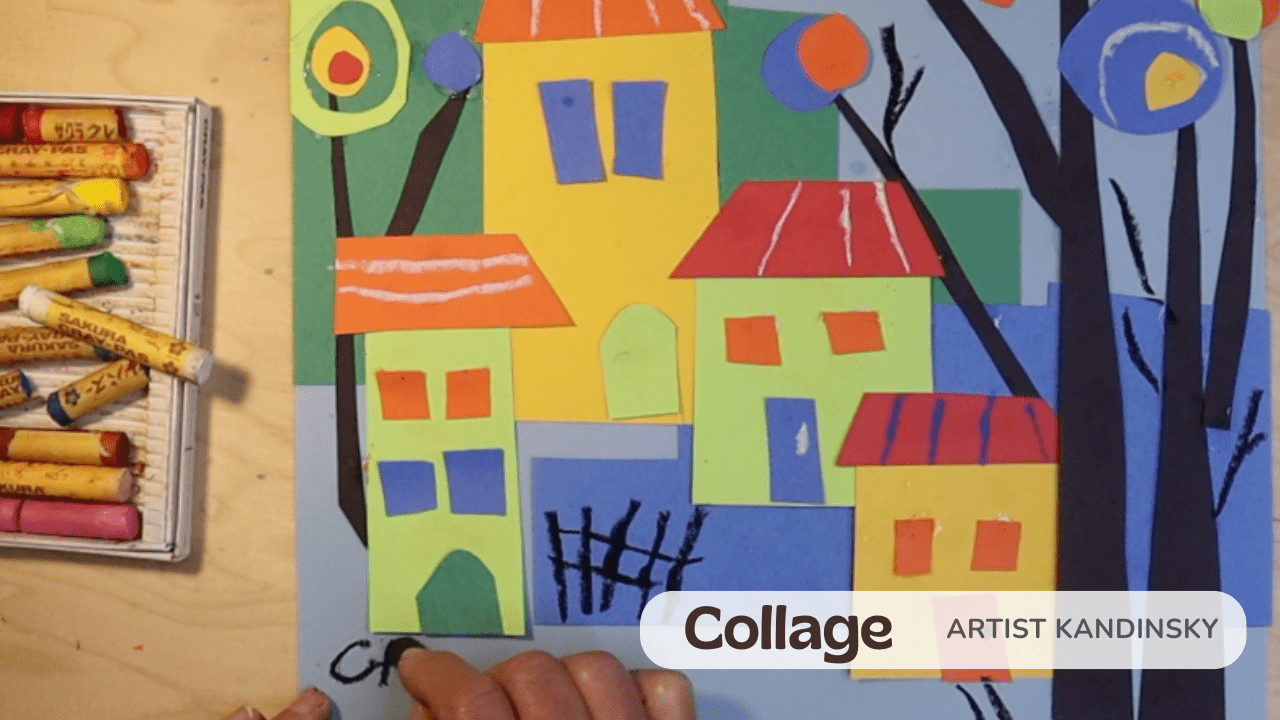 Colorful abstract painting of houses with geometric shapes.