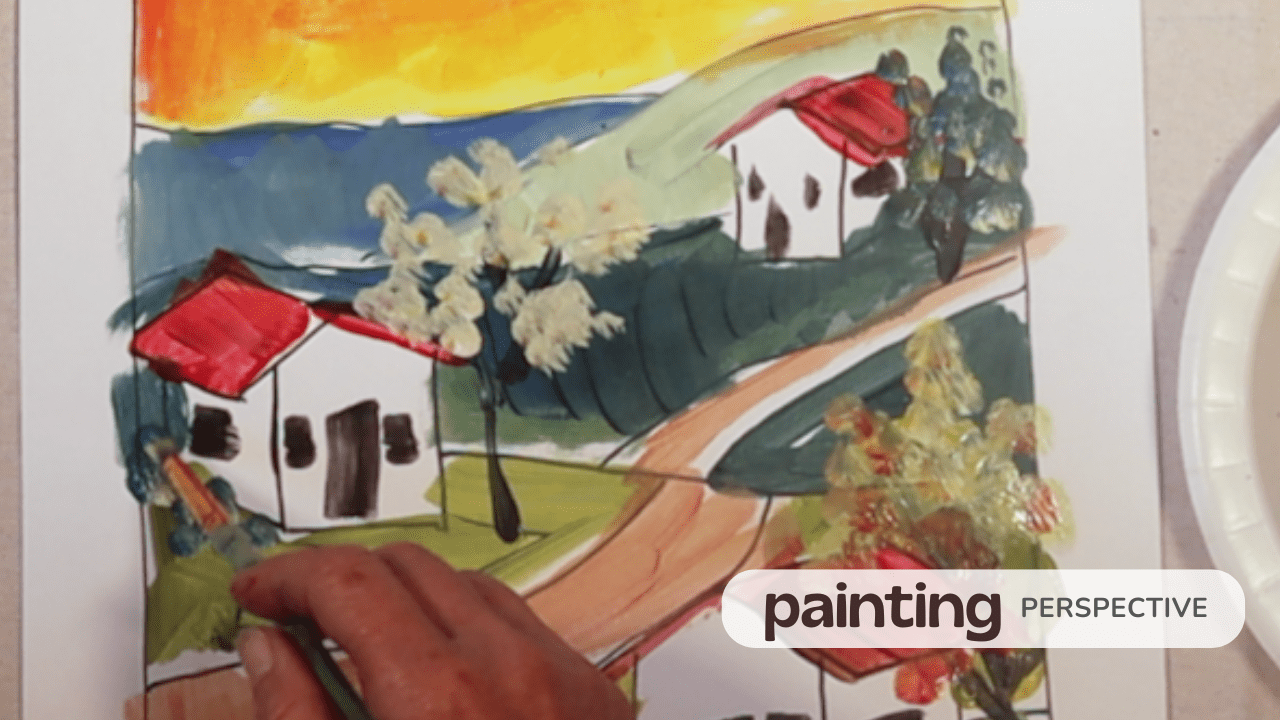 Colorful landscape painting with houses and trees on rolling hills.