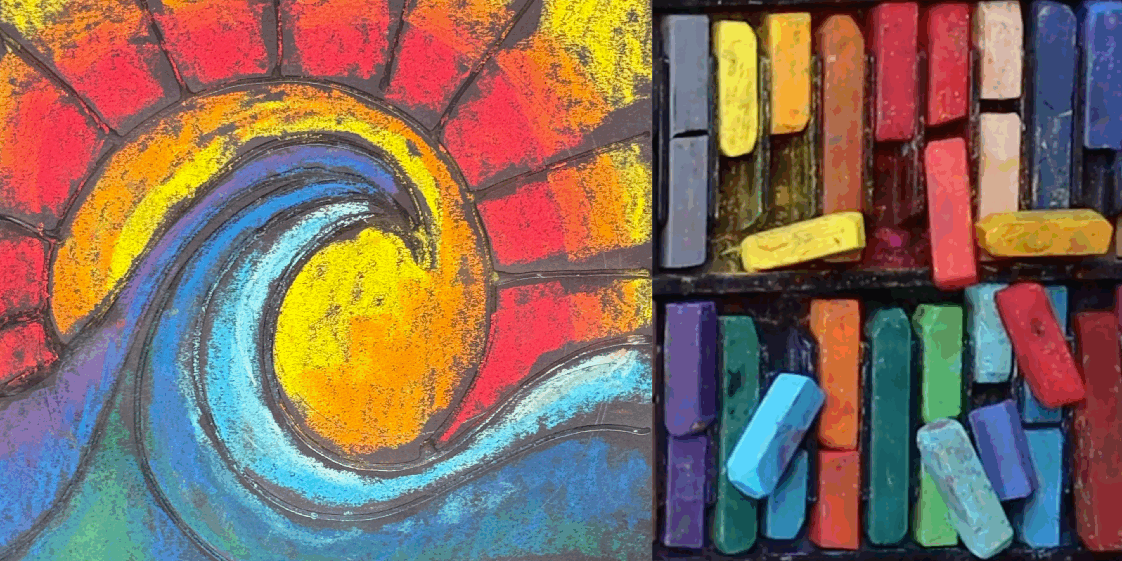 Vibrant abstract painting with swirling colors and geometric shapes.