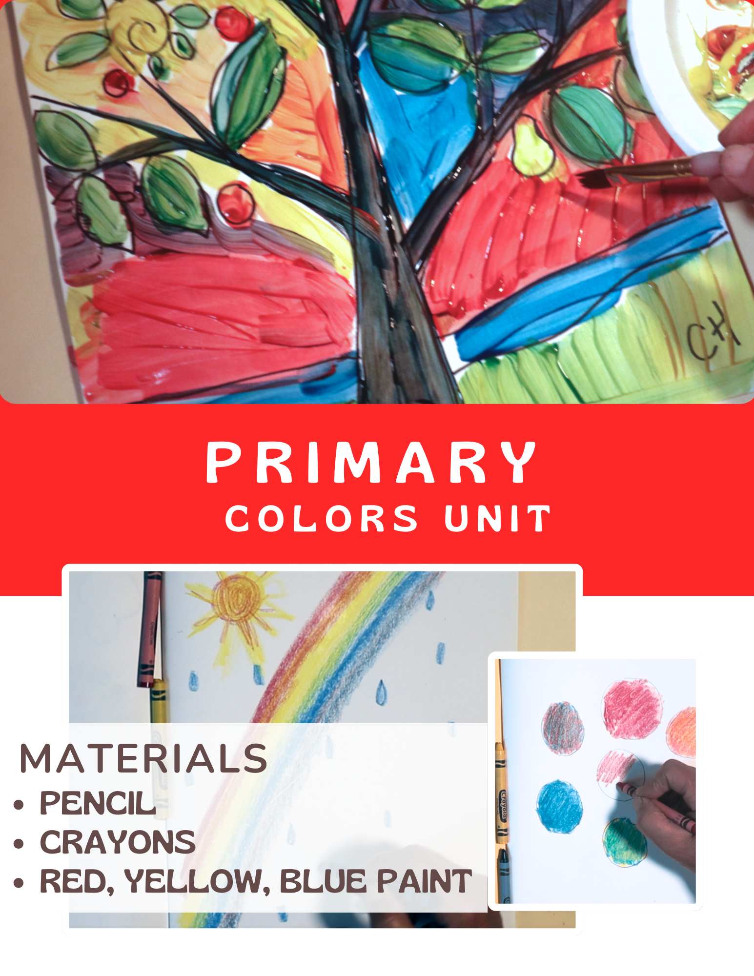 A vibrant primary colors art project with materials and a child's drawing.
