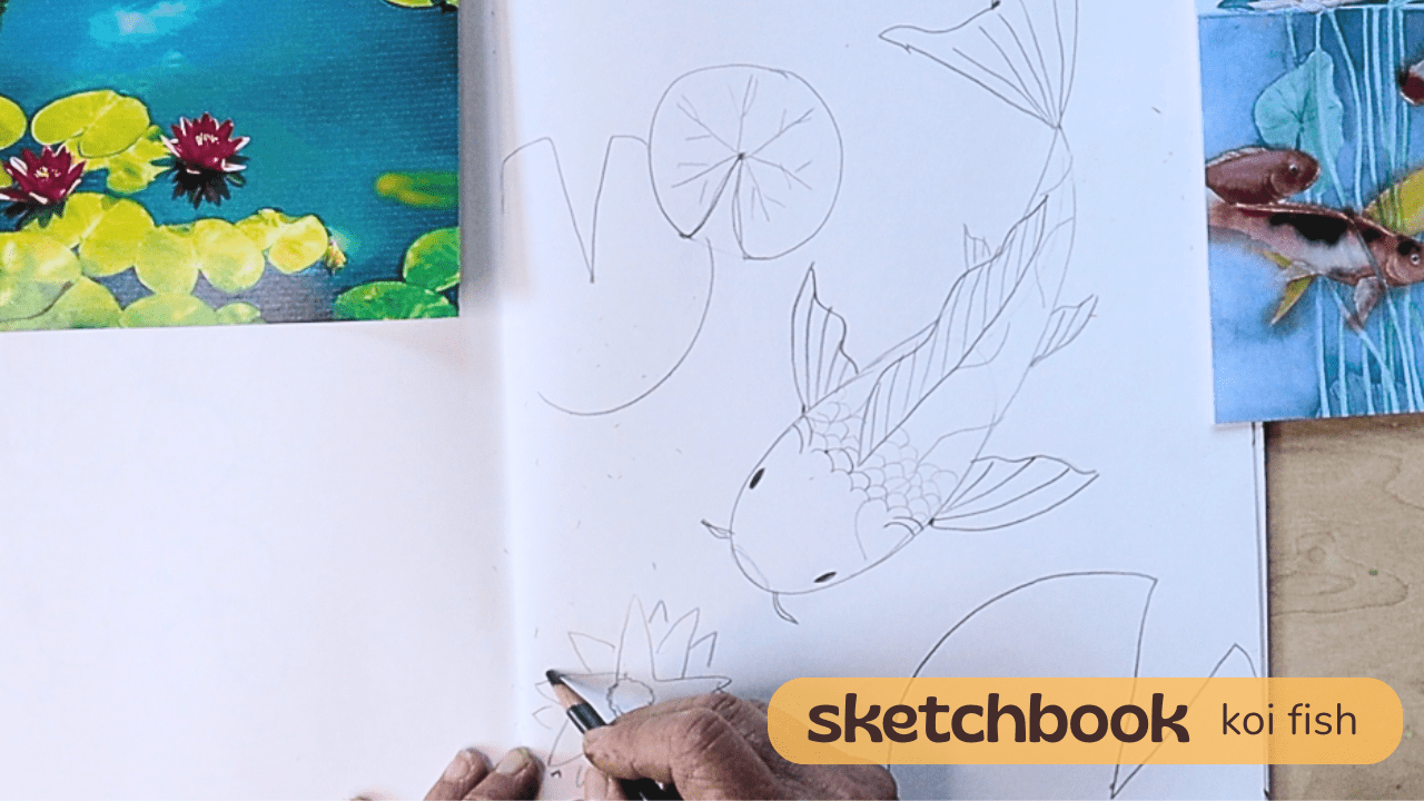 Artist sketching a koi fish on white paper near a fish tank.