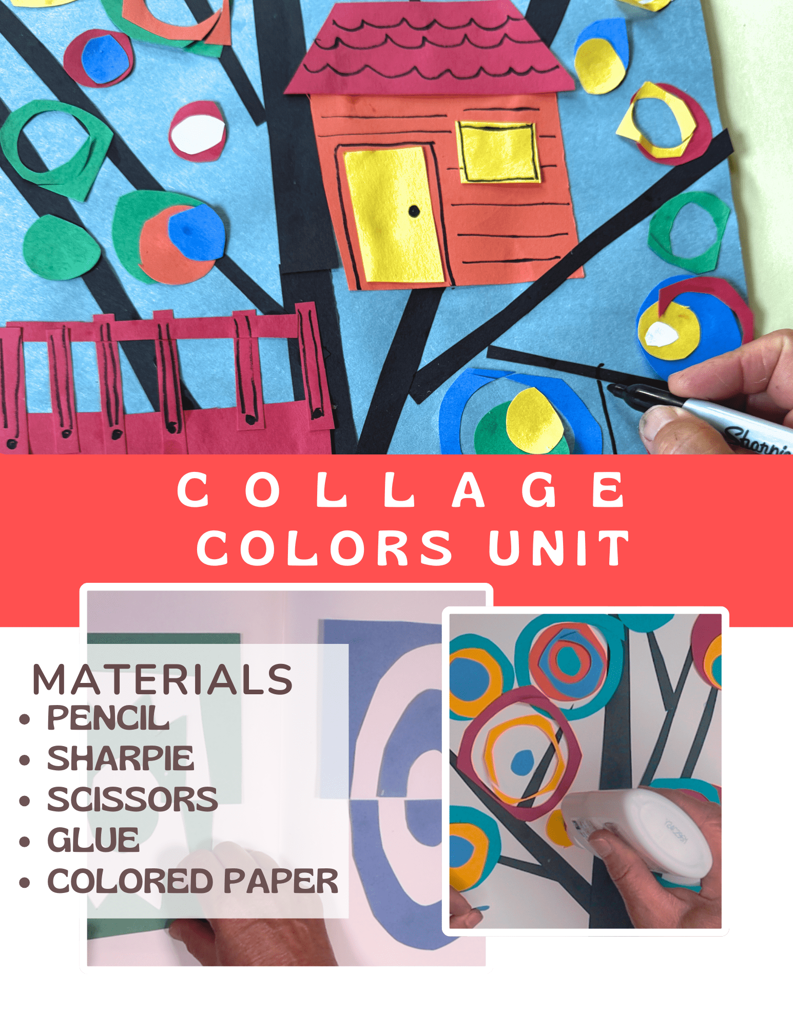 Collage colors unit with art materials and student projects.