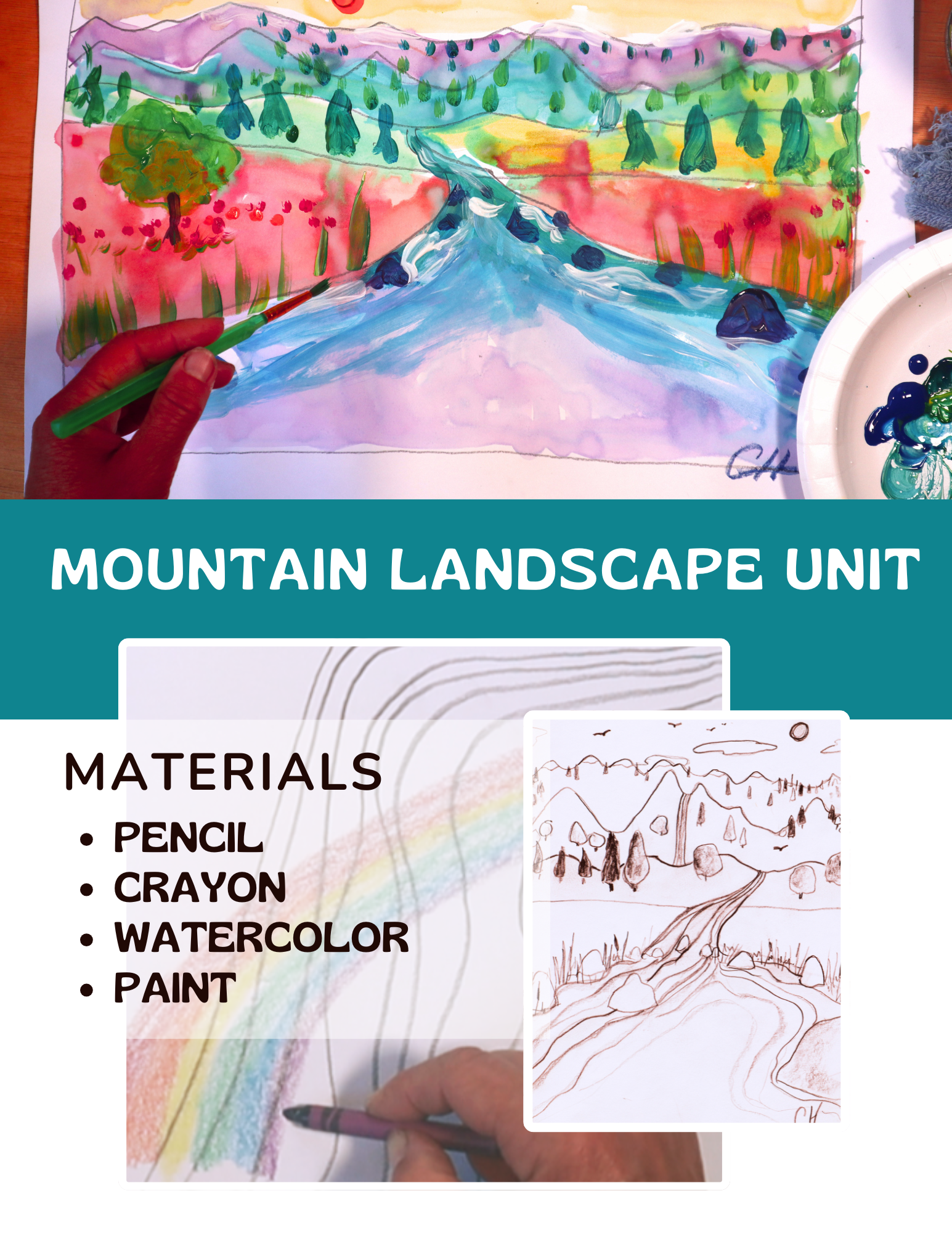 A colorful mountain landscape painting tutorial with listed materials and a sketch.