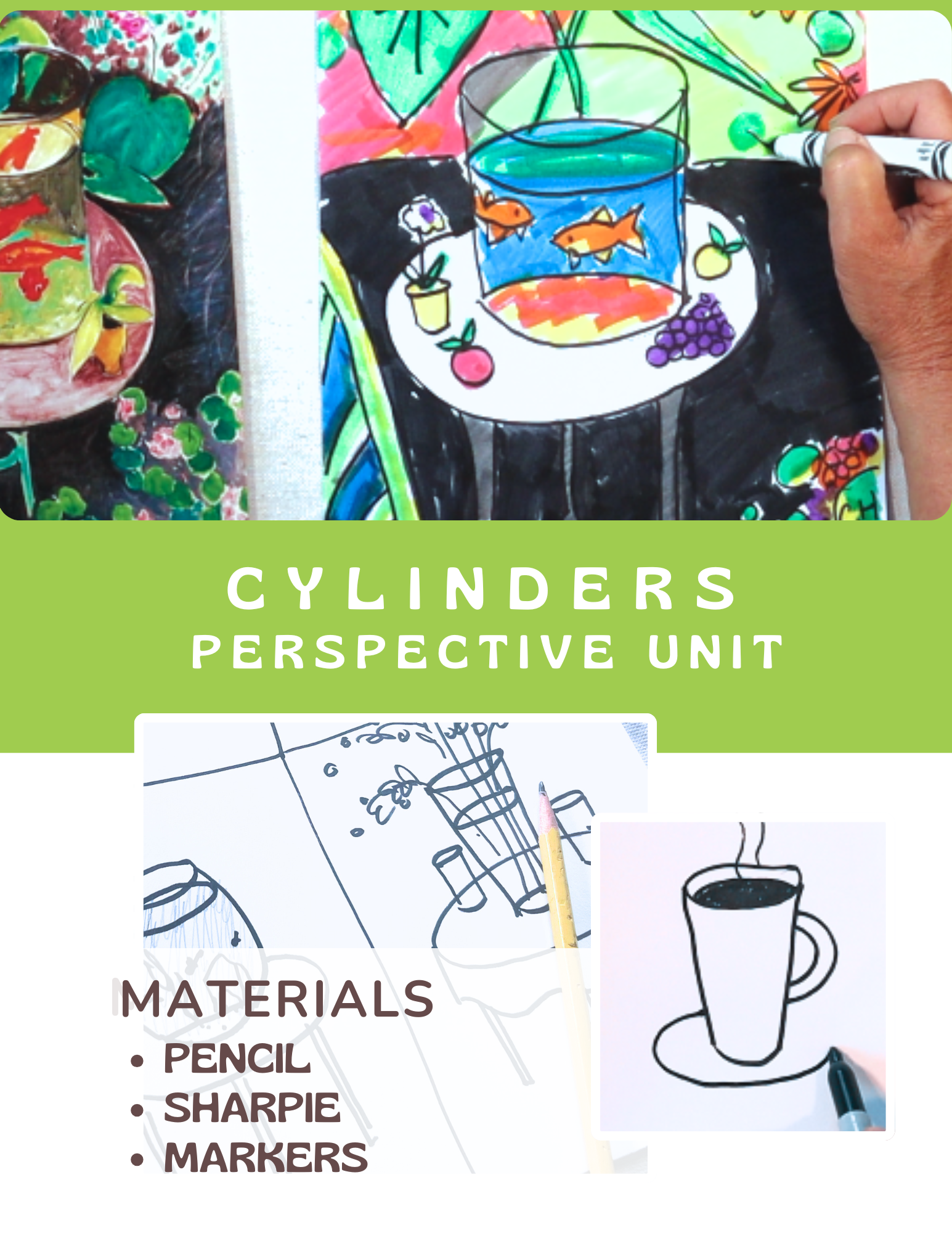 Art project showing perspective drawing of a cylinder with coloring materials.