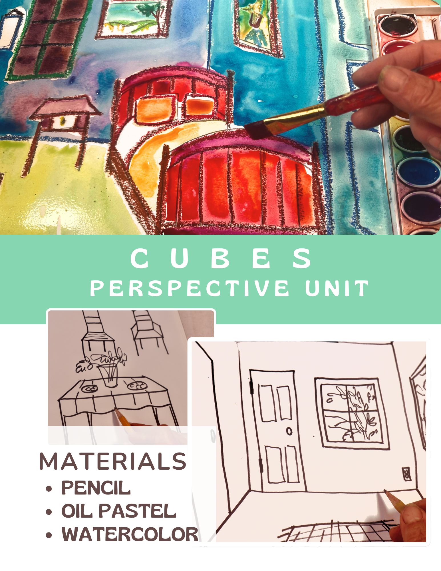 Art tutorial on drawing cubes and perspective using pencil and watercolor.