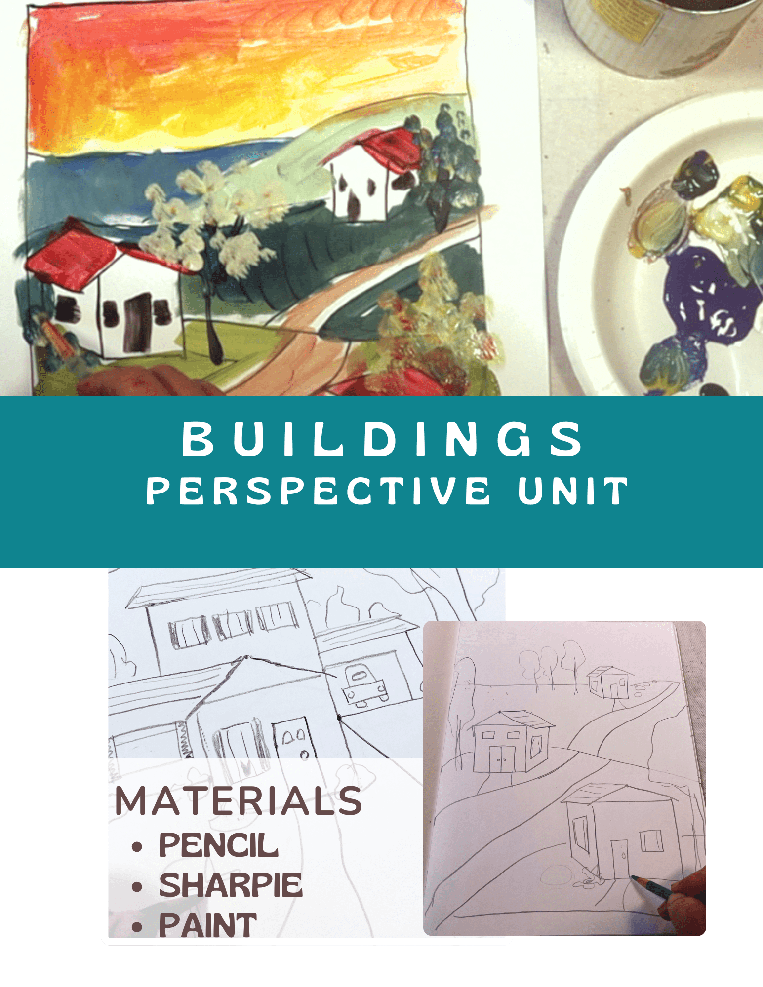 Art supplies and sketches for a buildings perspective drawing unit.