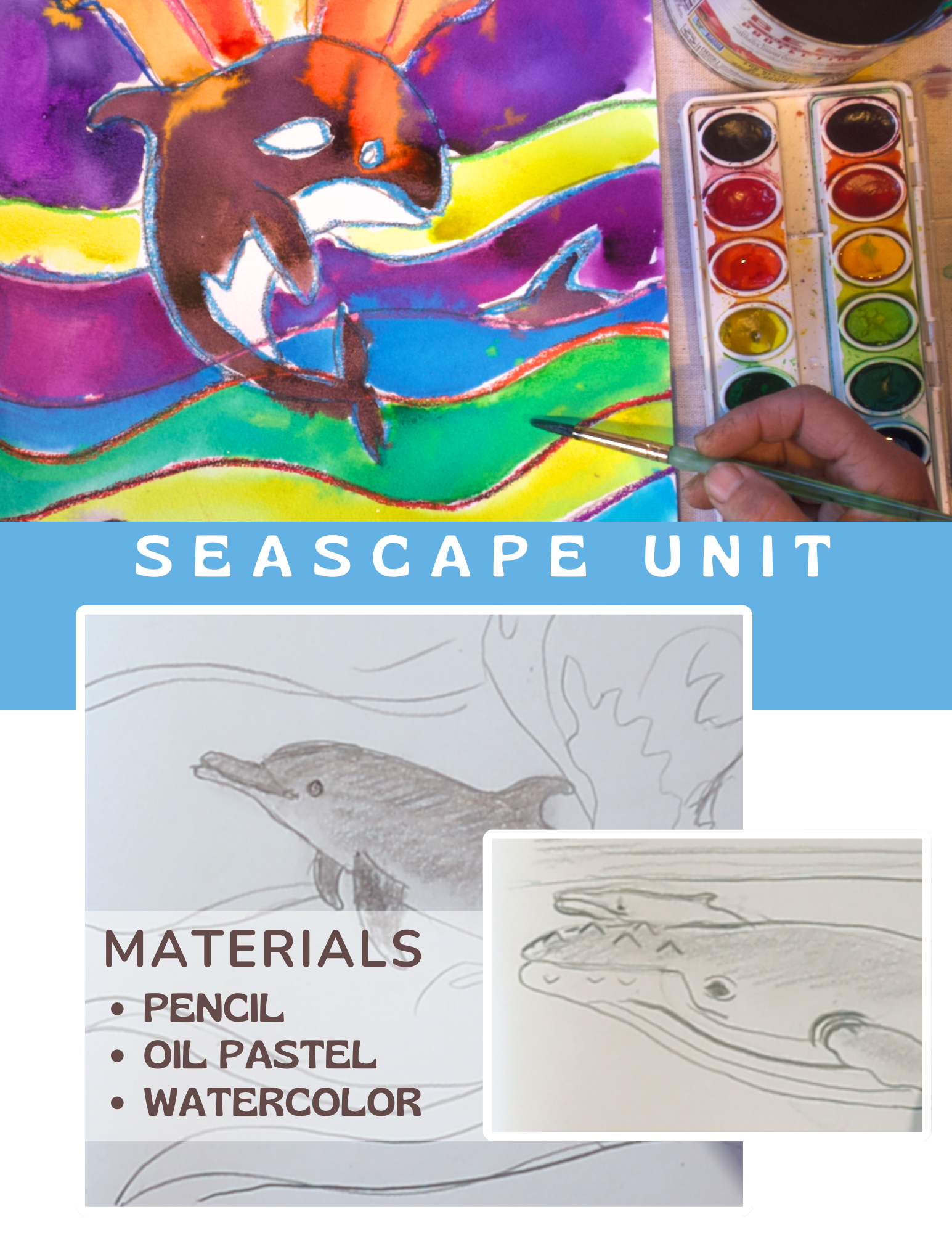 Seascape art project using pencil and oil pastel materials.