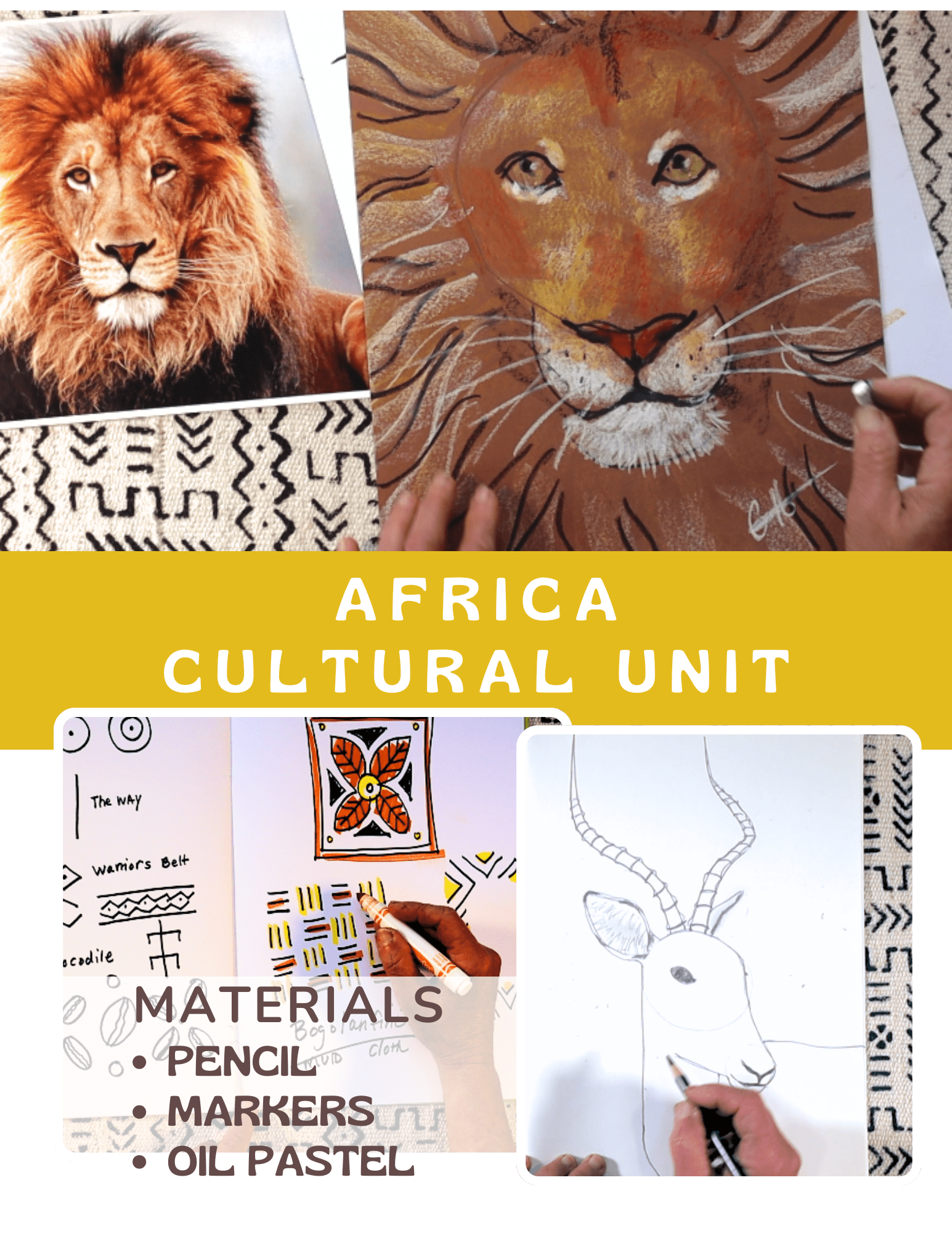 Art project showing lion drawing with African patterns and materials.