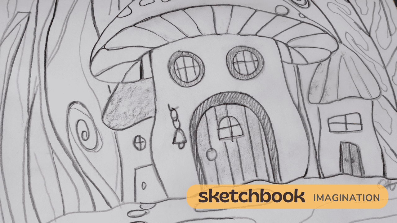 A whimsical mushroom house with round windows and a wooden door.