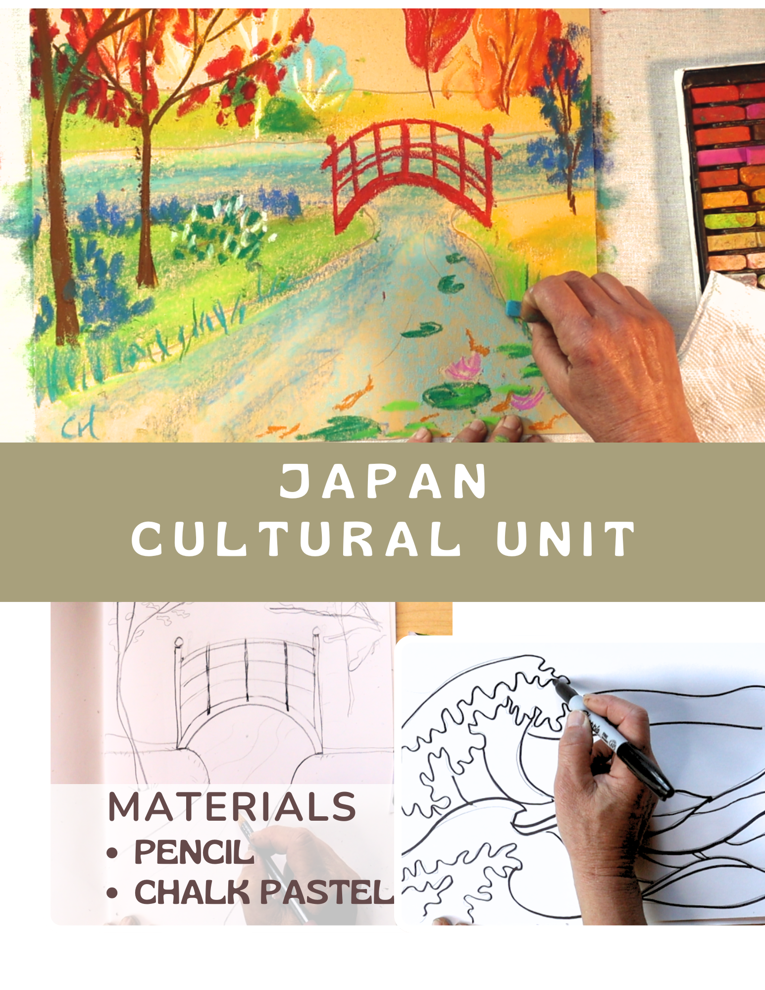 Creative hands drawing a Japanese cultural scene with a red bridge and cherry blossoms.