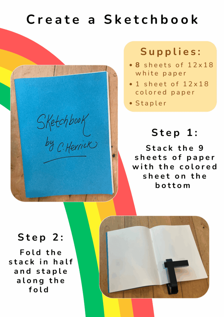 A step-by-step guide for creating a folded sketchbook with supplies listed.