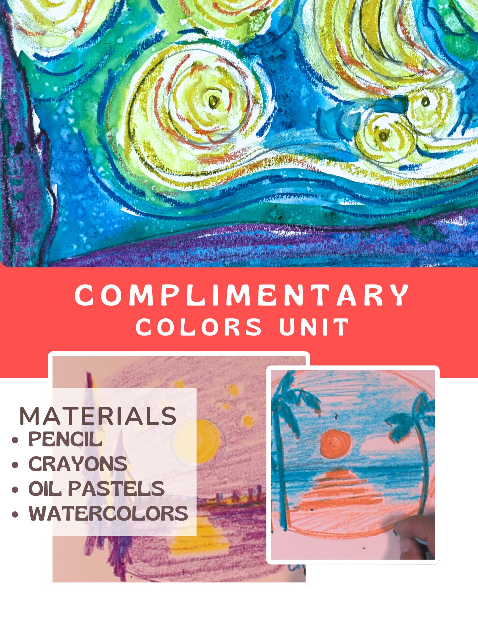 Art supplies and a child's colorful drawing for a complimentary colors lesson.